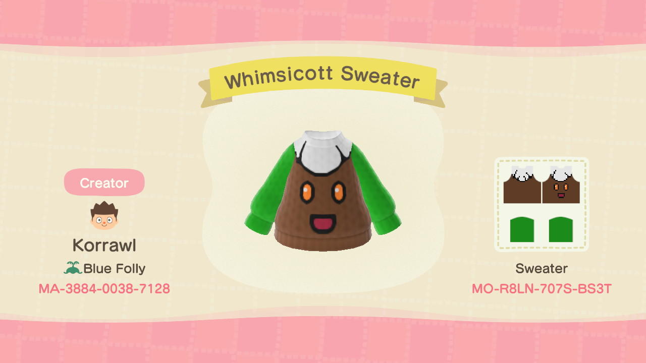 Animal Crossing Design Code: MO-R8LN-707S-BS3T Whimsicott Sweater