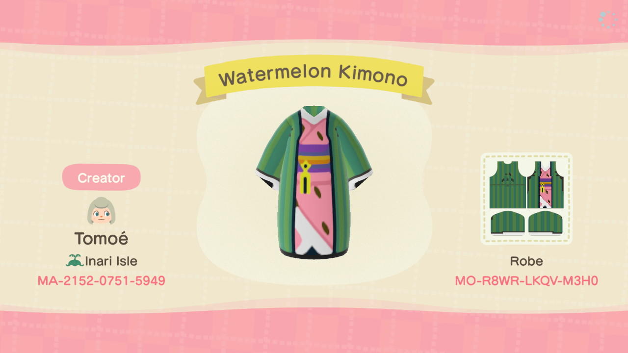 Animal Crossing Design Code: MO-R8WR-LKQV-M3H0 Watermelon Kimono