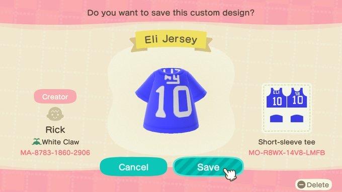 Animal Crossing Design Code: MO-R8WX-14V8-LMFB Eli Manning Jersey