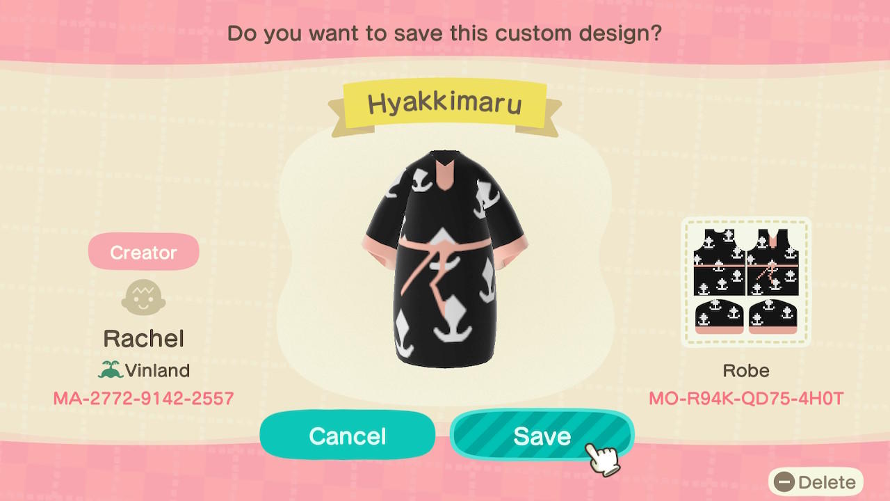 Animal Crossing Design Code: MO-R94K-QD75-4H0T Hyakkimaru