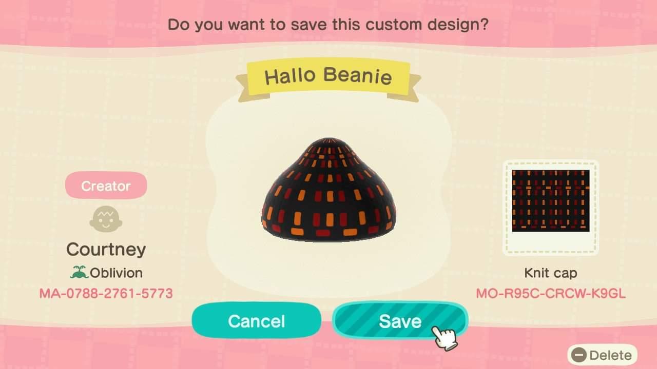 Animal Crossing Design Code: MO-R95C-CRCW-K9GL Hallo Beanie