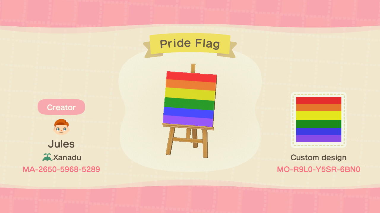Animal Crossing Design Code: MO-R9L0-Y5SR-6BN0 Pride Flag