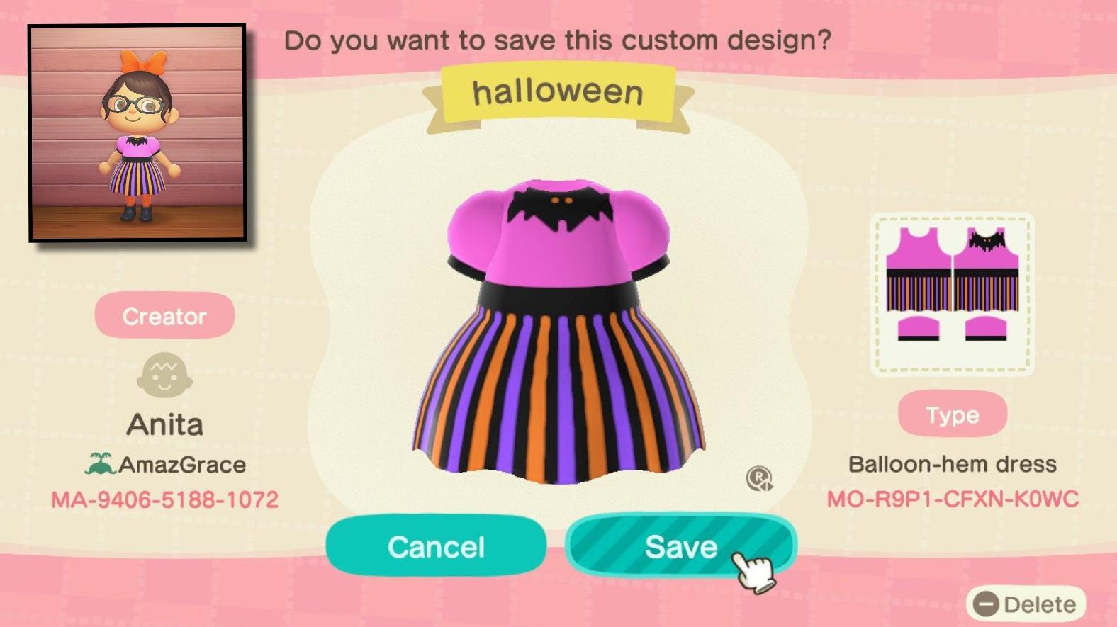 Animal Crossing Design Code: MO-R9P1-CFXN-K0WC Halloween dress