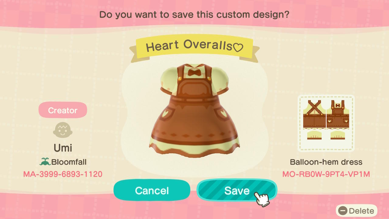 Animal Crossing Design Code: MO-RB0W-9PT4-VP1M Heart Overalls