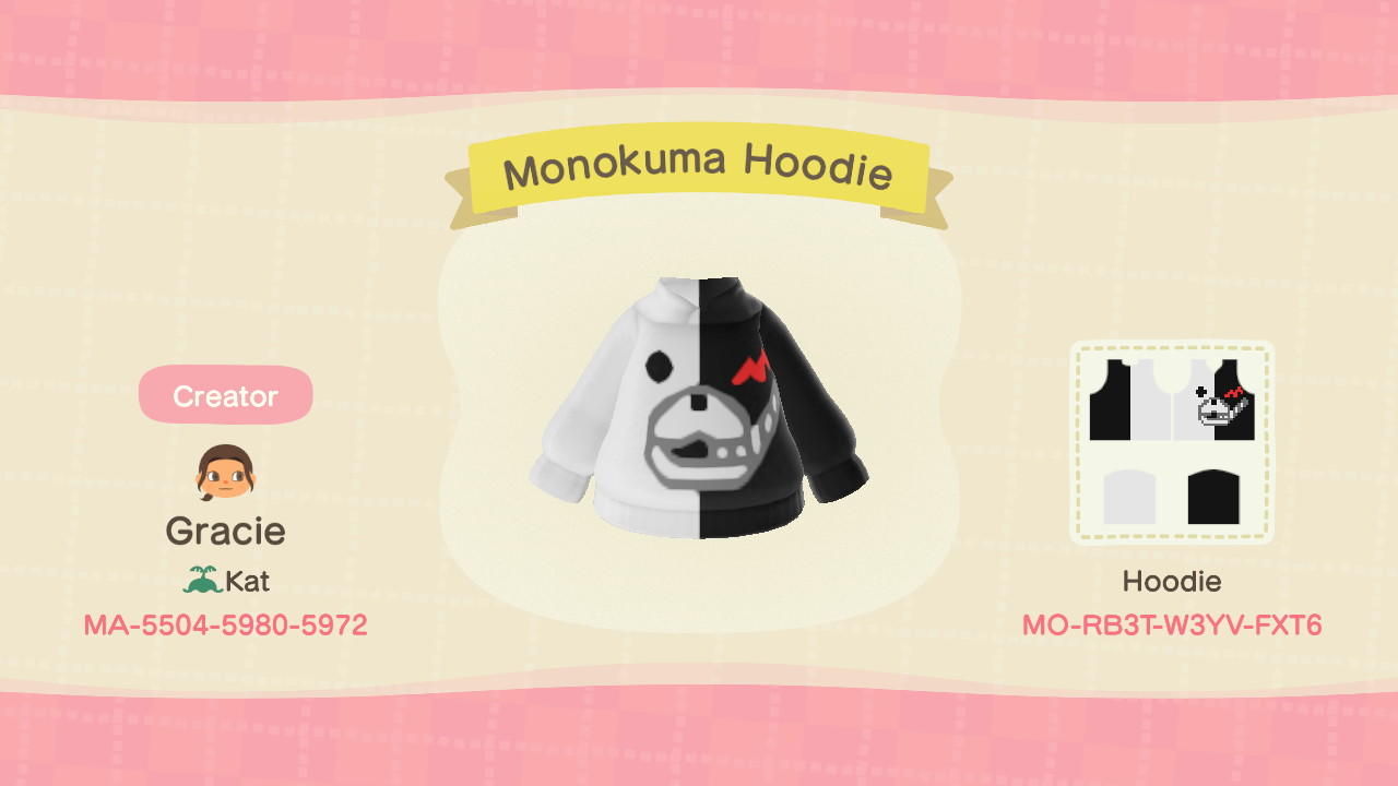 Animal Crossing Design Code: MO-RB3T-W3YV-FXT6 Monokuma Hoodie