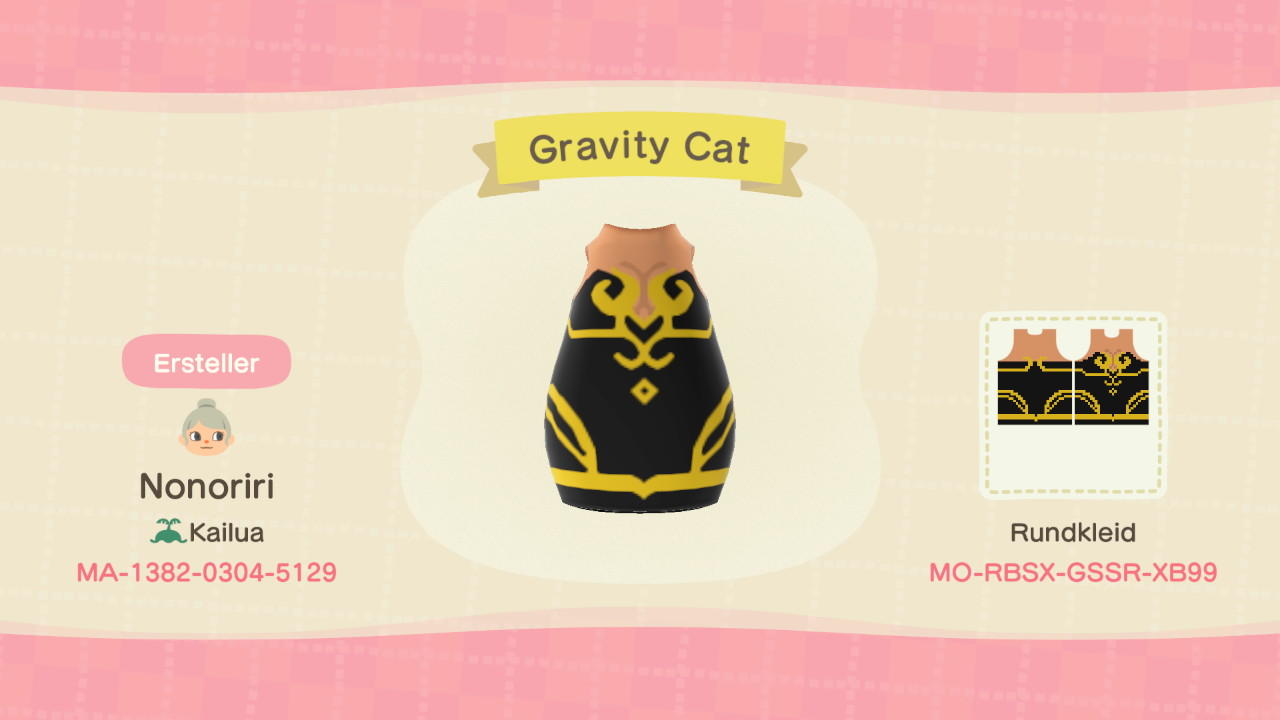 Animal Crossing Design Code: MO-RBSX-GSSR-XB99 Gravity Cat