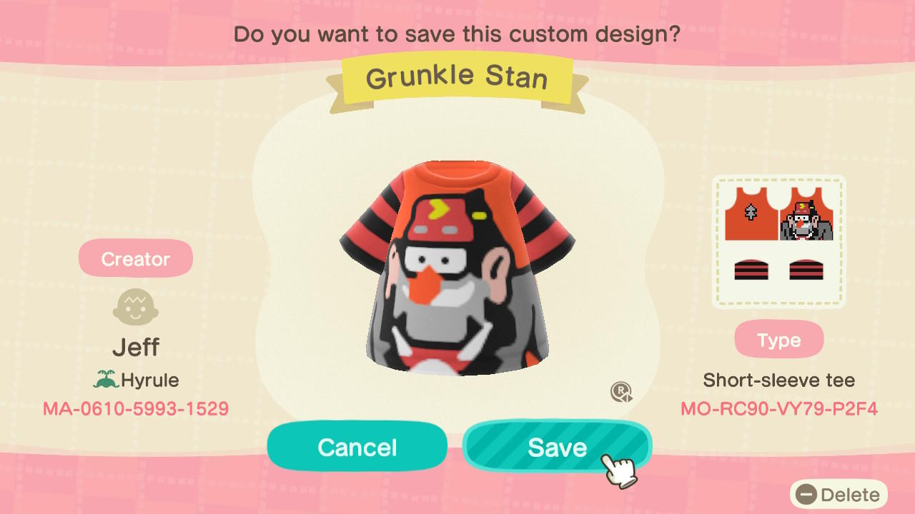 Animal Crossing Design Code: MO-RC90-VY79-P2F4 Grunkle Stan