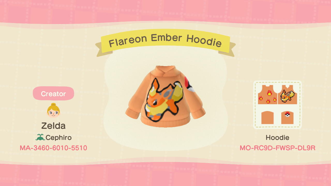 Animal Crossing Design Code: MO-RC9D-FWSP-DL9R Flareon Ember Hoodie