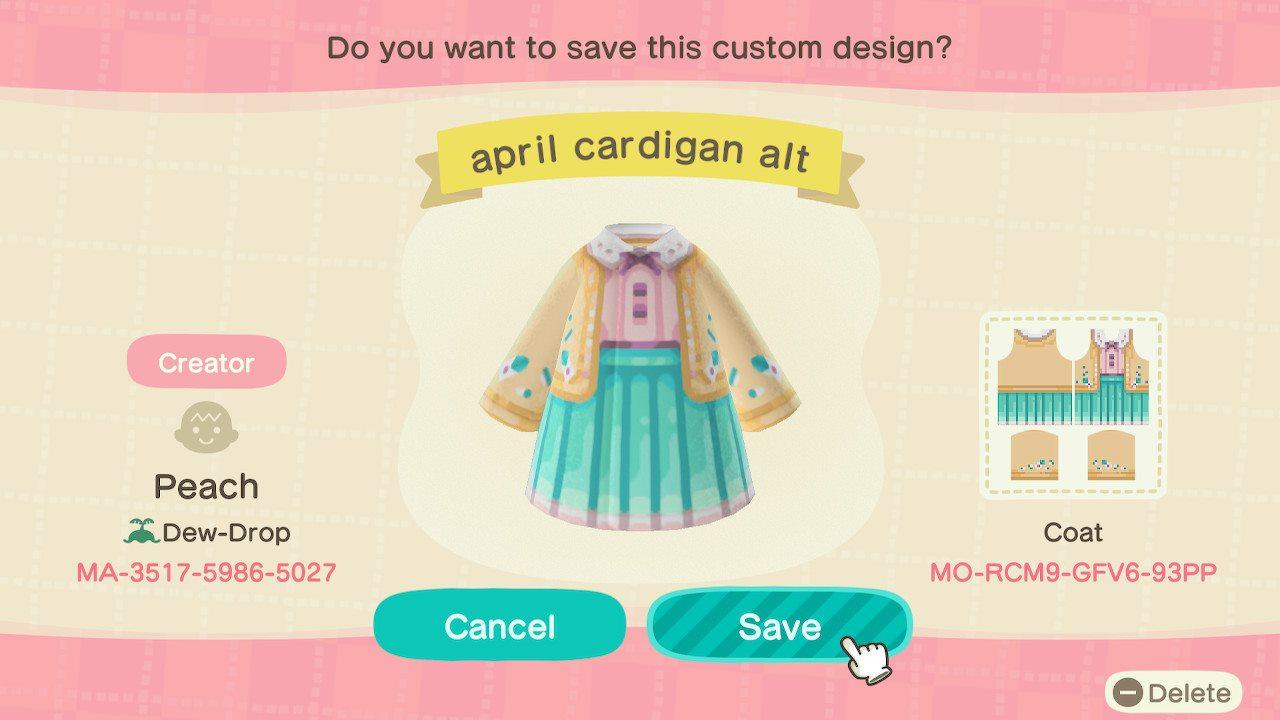 Animal Crossing Design Code: MO-RCM9-GFV6-93PP april cardigan alt