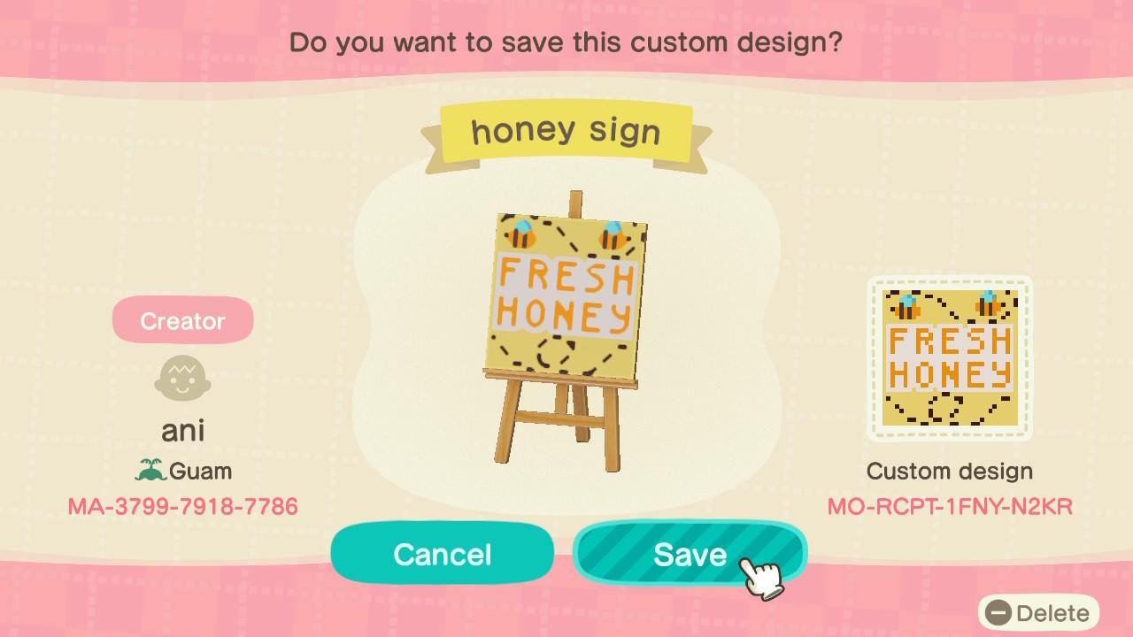 Animal Crossing Design Code: MO-RCPT-1FNY-N2KR honey sign