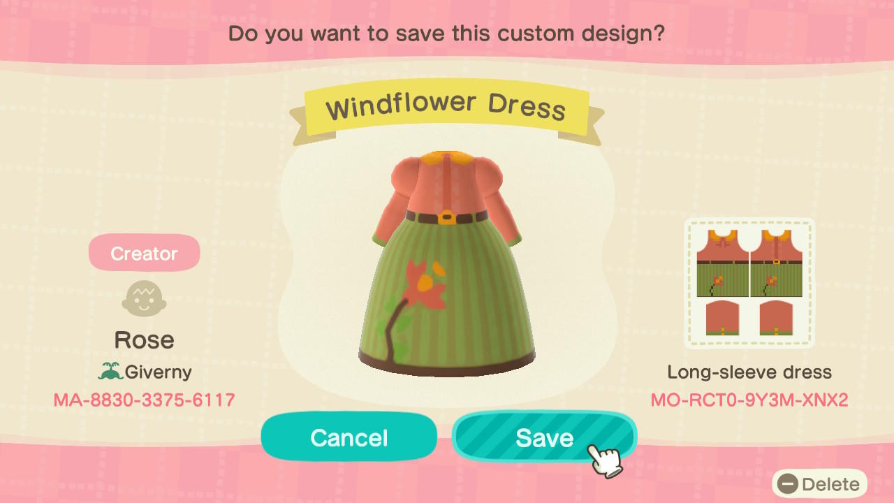 Animal Crossing Design Code: MO-RCT0-9Y3M-XNX2 Windflower Dress