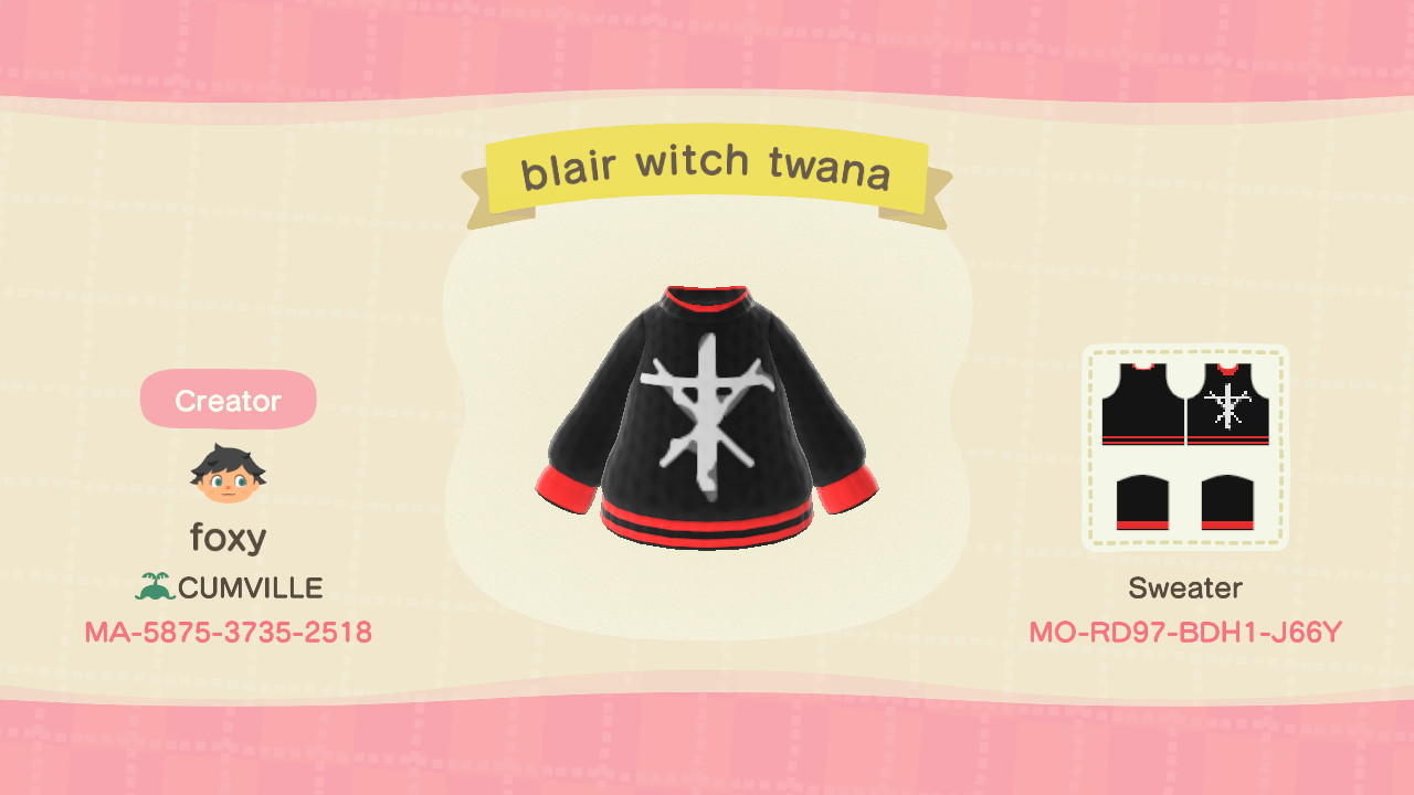 Animal Crossing Design Code: MO-RD97-BDH1-J667 Blair Witch Twana