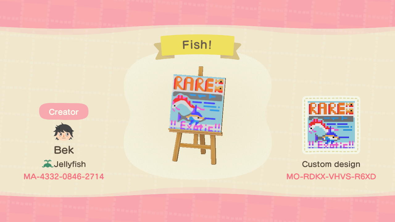 Animal Crossing Design Code: MO-RDKX-VHVS-R6XD fish!