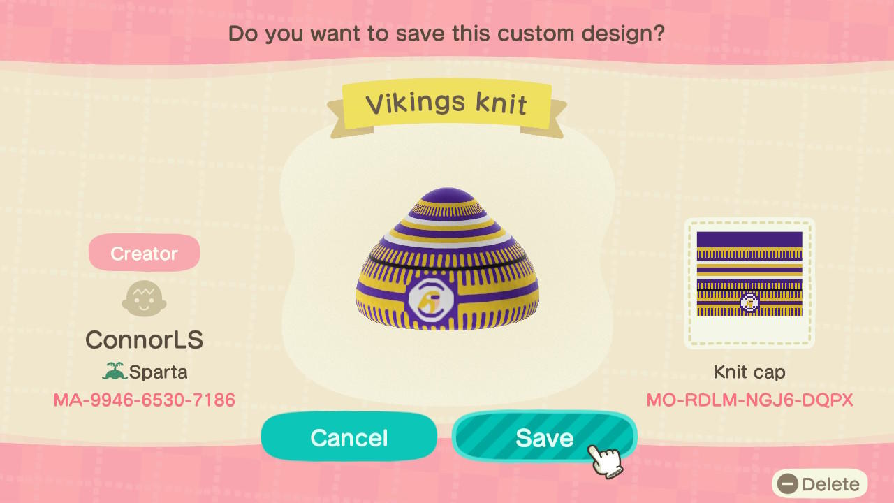 Animal Crossing Design Code: MO-RDLM-NGJ6-DQPX Vikings knit