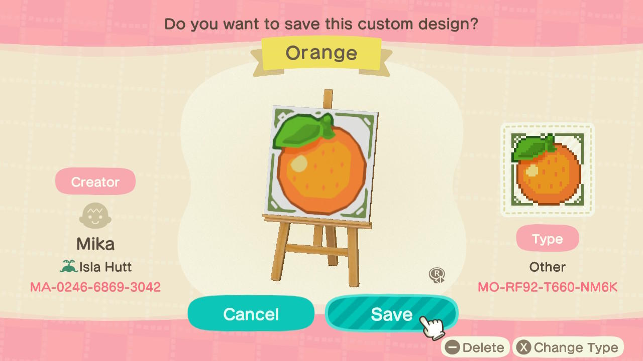 Animal Crossing Design Code: MO-RF92-T660-NM6K Orange Orchard Sign