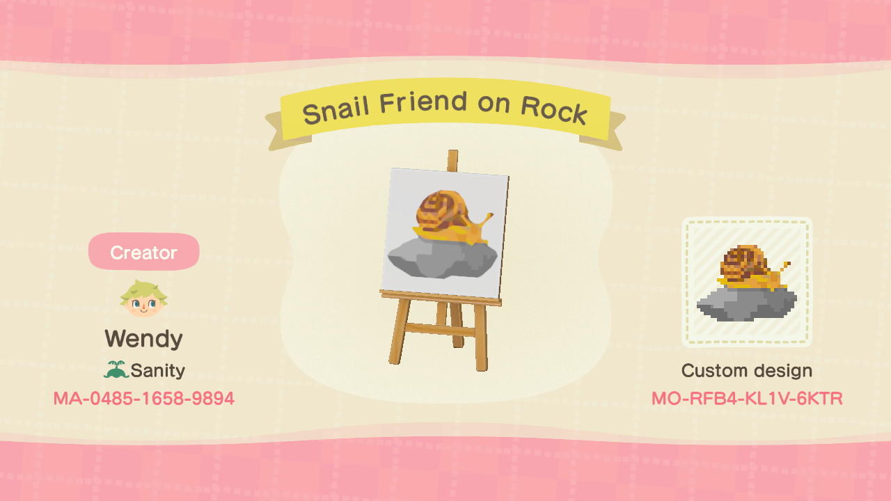 Animal Crossing Design Code: MO-RFB4-KL1V-6KTR Snail Friend on Rock
