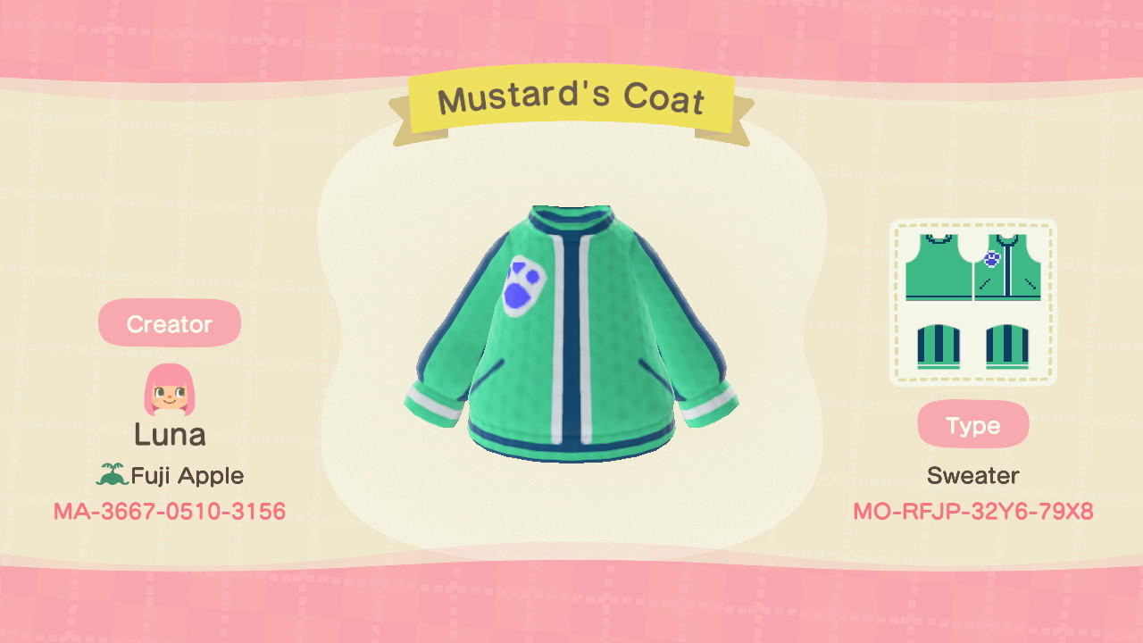 Animal Crossing Design Code: MO-RFJP-32Y6-79X8 Mustard's Coat