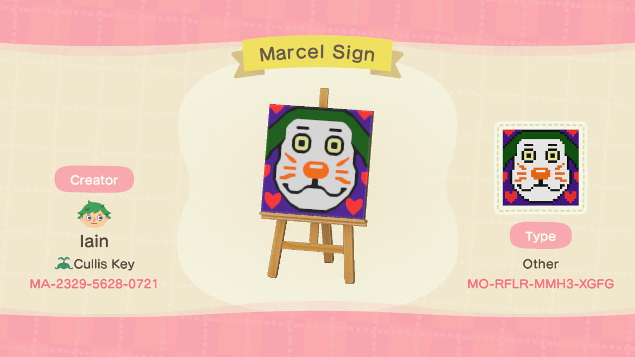 Animal Crossing Design Code: MO-RFLR-MMH3-XGFG Marcel sign