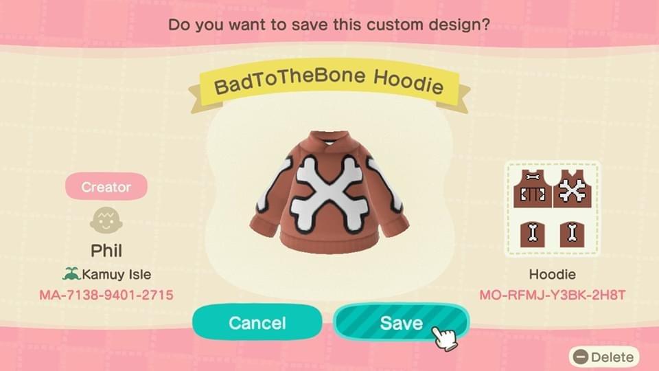 Animal Crossing Design Code: MO-RFMJ-Y3BK-2H8T BadToTheBone Hoodie