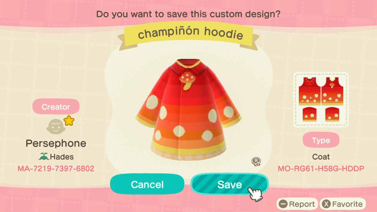 Animal Crossing Design Code: MO-RG61-H58G-HDDP Mushroom Hoodie Dres