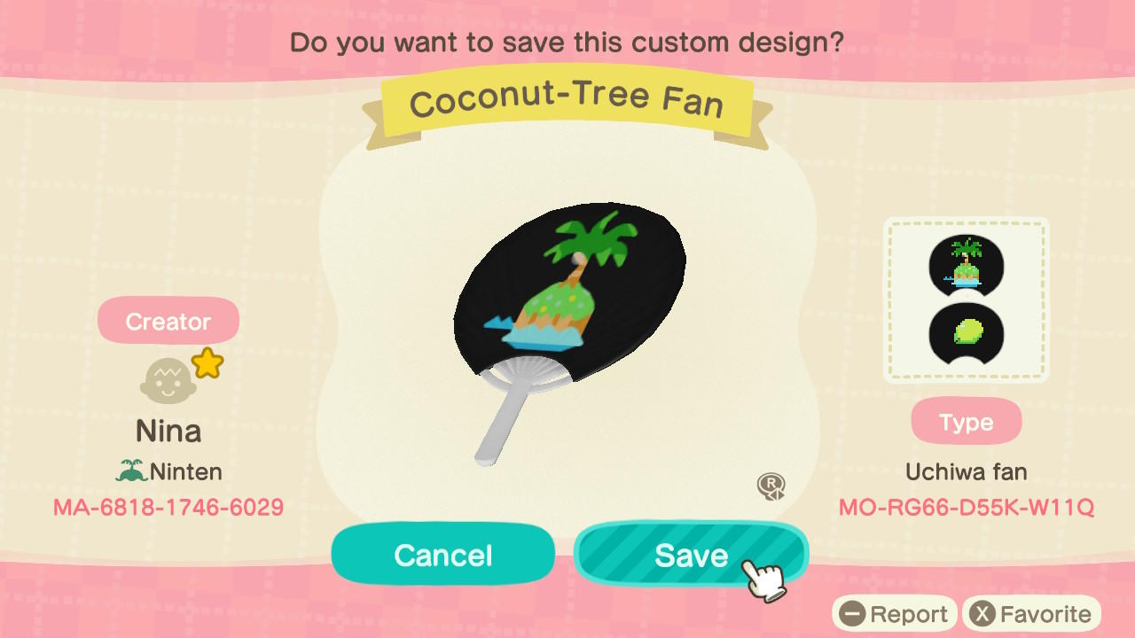 Animal Crossing Design Code: MO-RG66-D55K-W11Q Coconut-Tree Fan