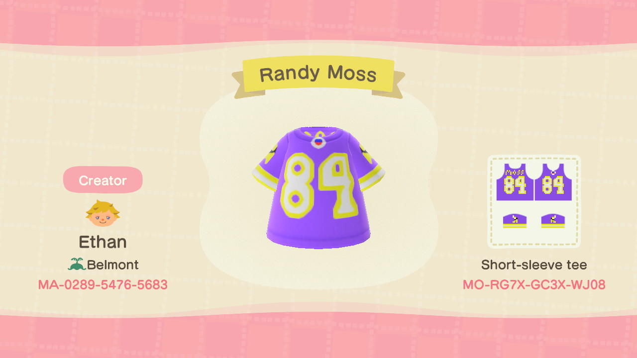Animal Crossing Design Code: MO-RG7X-GC3X-WJ08 Randy Moss Jersey