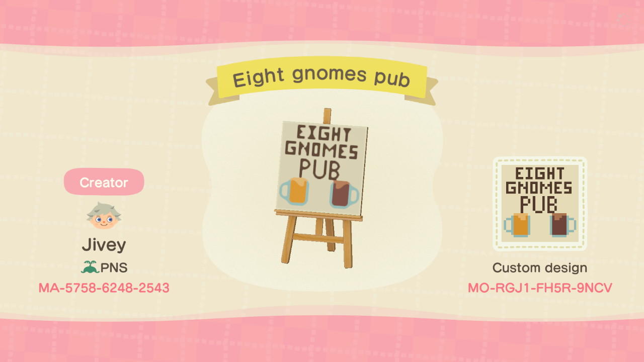 Animal Crossing Design Code: MO-RGJ1-FH5R-9NCV Eight Gnomes Pub