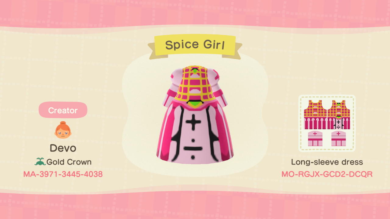 Animal Crossing Design Code: MO-RGJX-GCD2-DCQR Spice Girl