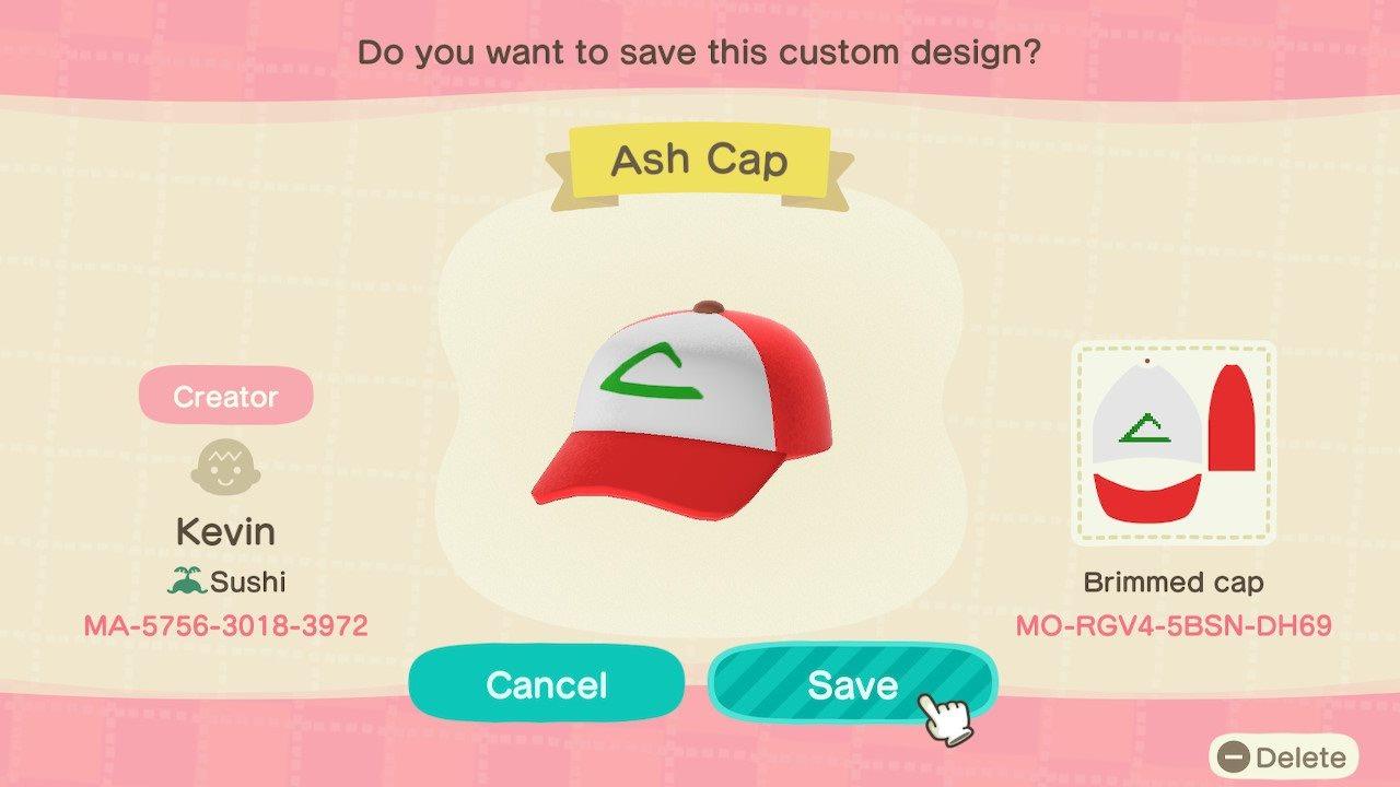 Animal Crossing Design Code: MO-RGV4-5BSN-DH69 Ash Kanto Hat