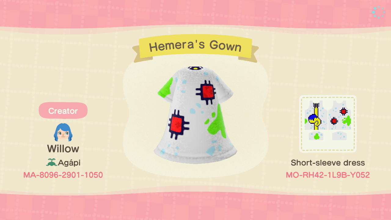 Animal Crossing Design Code: MO-RH42-1L9B-Y052 Hemera&#39;s Gown