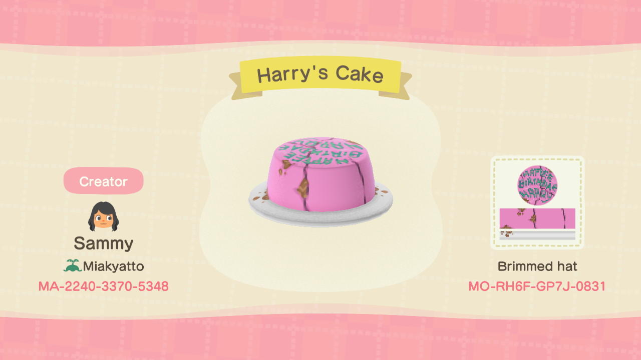 Animal Crossing Design Code: MO-RH6F-GP7J-0831 Harry’s Cake