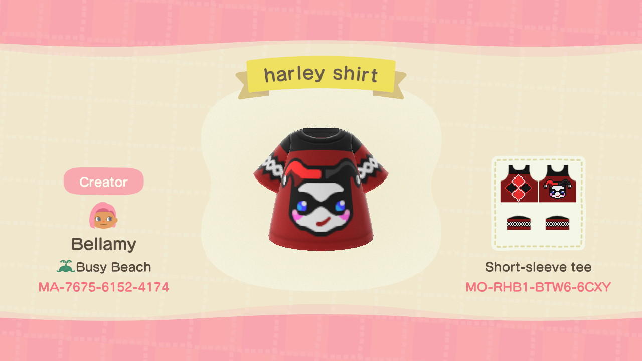 Animal Crossing Design Code: MO-RHB1-BTW6-6CXY Harley Quinn Tee