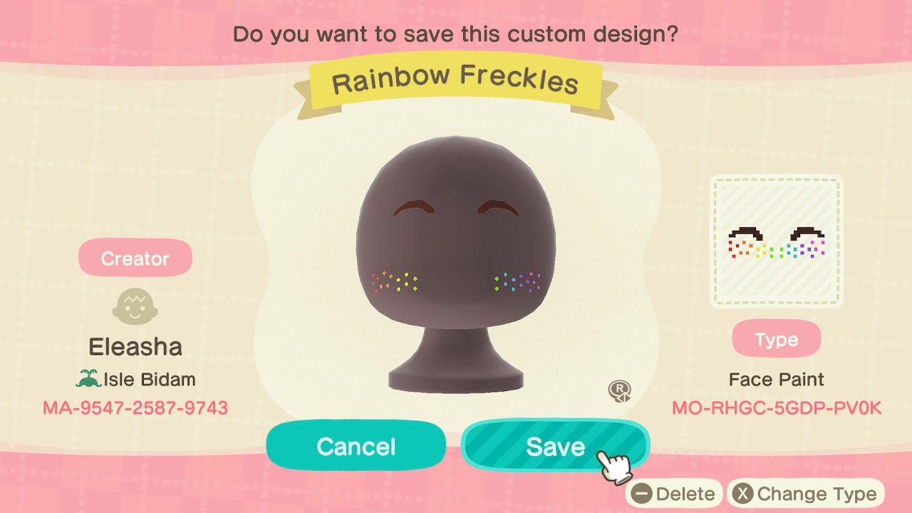 Animal Crossing Design Code: MO-RHGC-5GDP-PV0K Rainbow Freckles