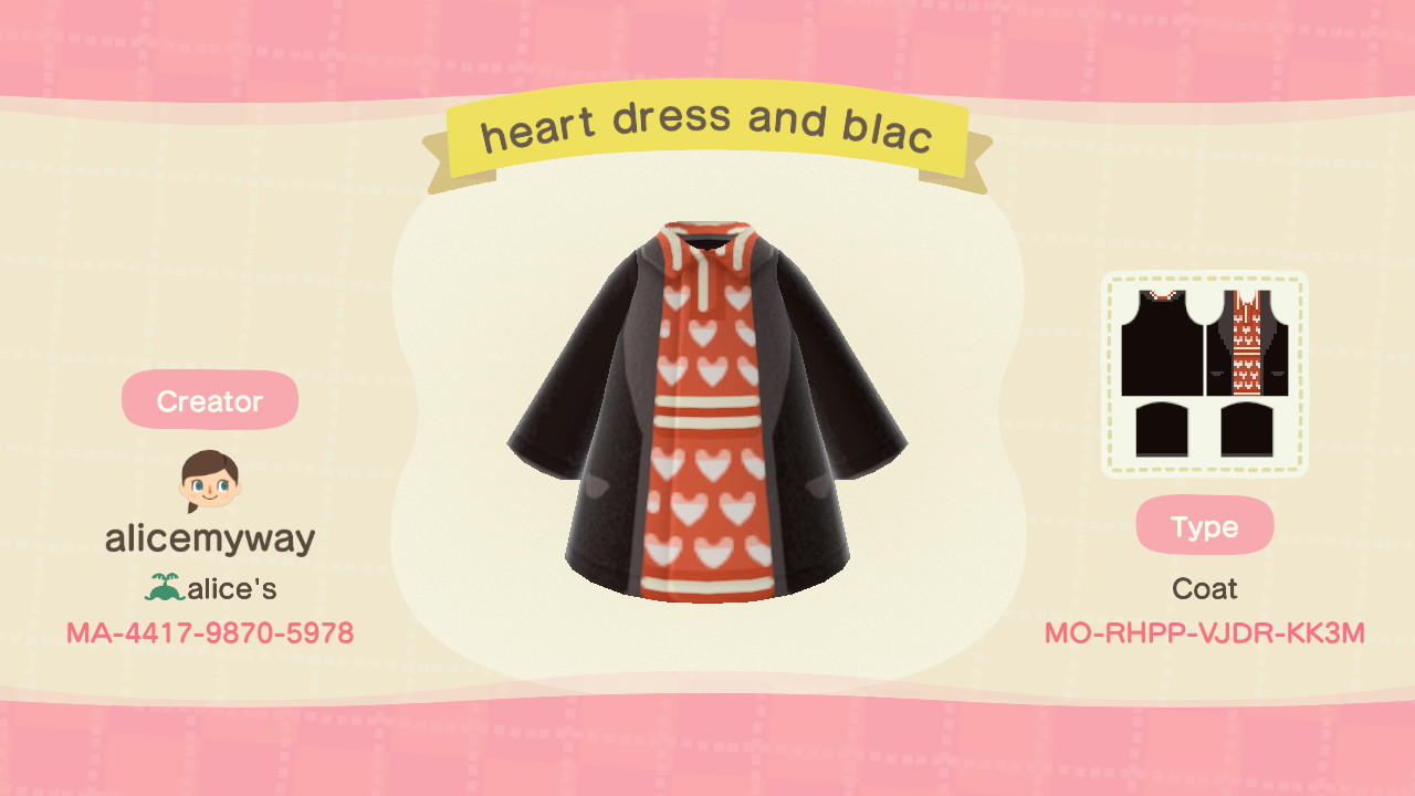 Animal Crossing Design Code: MO-RHPP-VJDR-KK3M Heart dress b coat