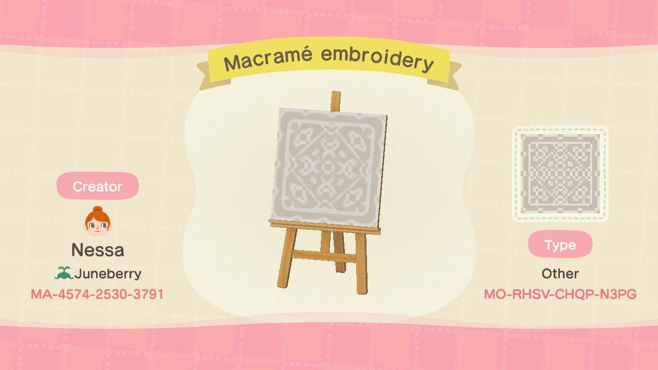 Animal Crossing Design Code: MO-RHSV-CHQP-N3PG Macramé Embroidery