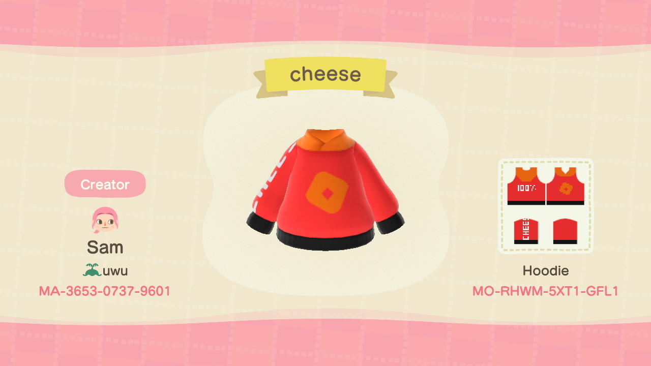 Animal Crossing Design Code: MO-RHWM-5XT1-GFL1 Cheez-it Sweater