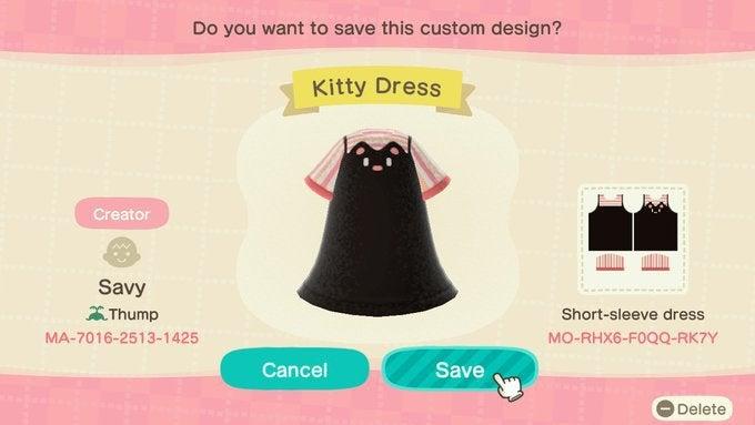 Animal Crossing Design Code: MO-RHX6-F0QQ-RK7Y Kitty Dress