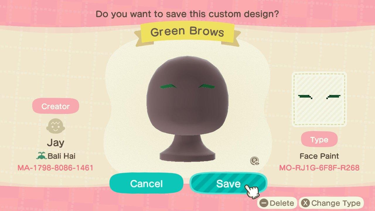 Animal Crossing Design Code: MO-RJ1G-6F8F-R268 Green Brows