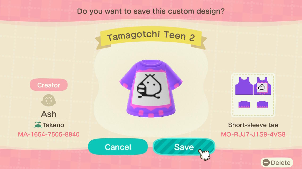 Animal Crossing Design Code: MO-RJJ7-J1S9-4VS8 Tamagotchi Teen 2