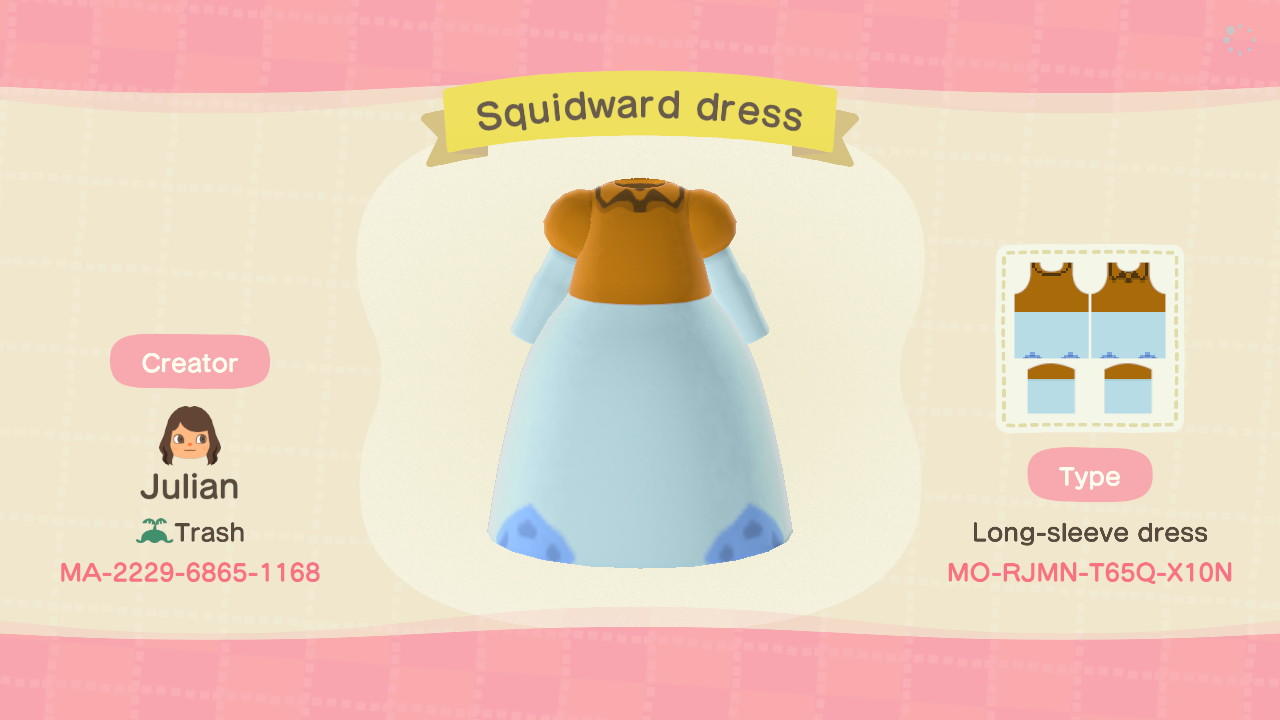 Animal Crossing Design Code: MO-RJMN-T65Q-X10N Squidward dress