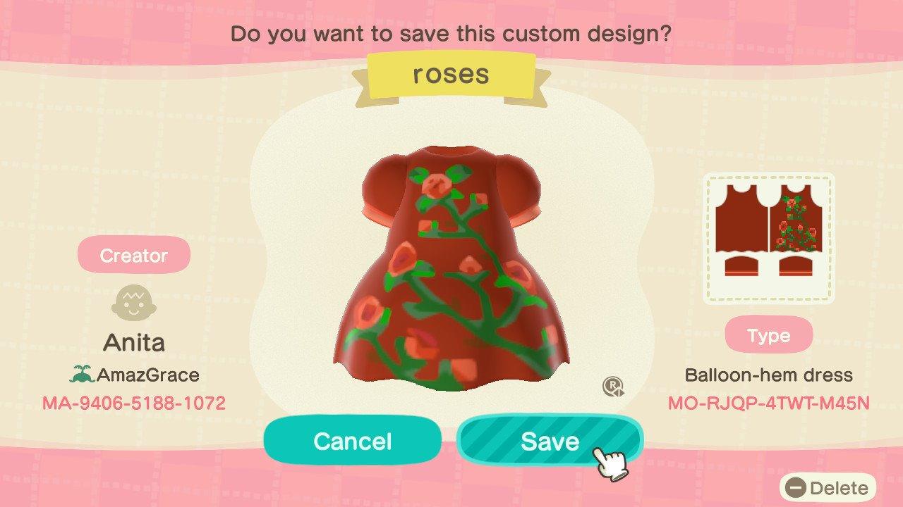 Animal Crossing Design Code: MO-RJQP-4TWT-M45N Rose dress