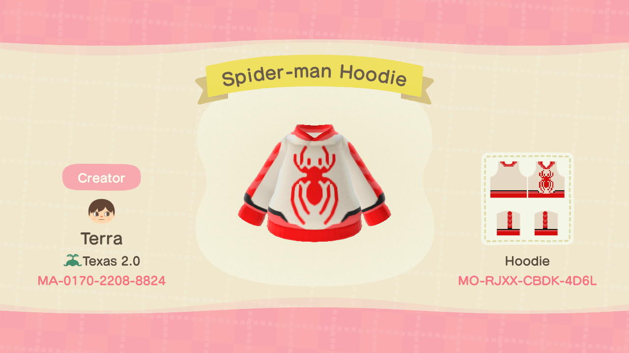 Animal Crossing Design Code: MO-RJXX-CBDK-4D6L Spider-man Hoodie