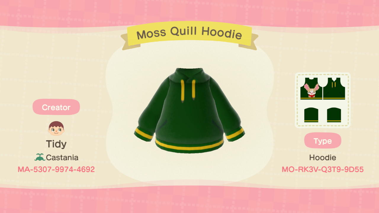 Animal Crossing Design Code: MO-RK3V-Q3T9-9D55 Moss Quill Hoodie
