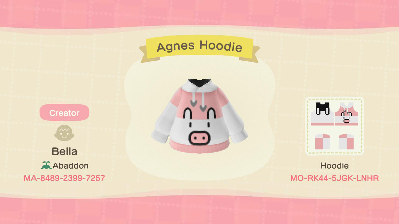 Animal Crossing Design Code: MO-RK44-5JGK-LNHR Agnes Hoodie