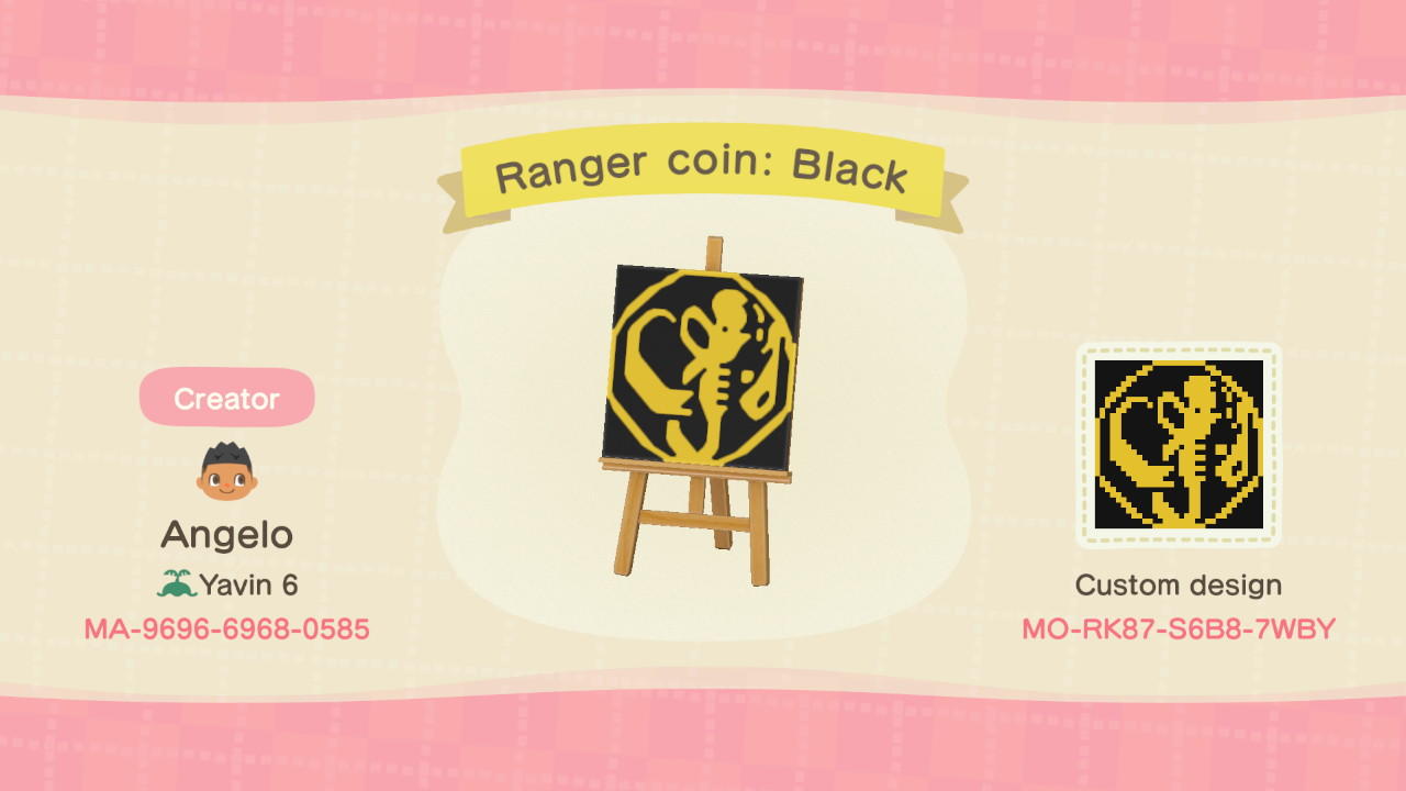 Animal Crossing Design Code: MO-RK87-S6B8-7WBY Ranger coin: Black