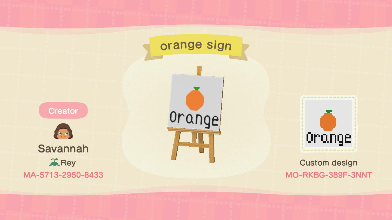 Animal Crossing Design Code: MO-RKBG-389F-3NNT Orange Sign