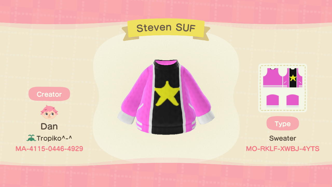 Animal Crossing Design Code: MO-RKLF-XWBJ-4YTS Steven SUF