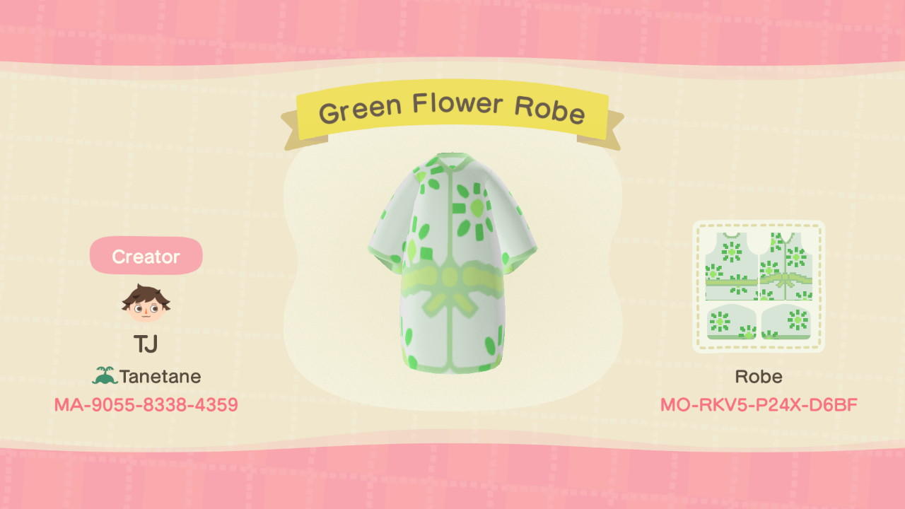Animal Crossing Design Code: MO-RKV5-P24X-D6BF Green Flower Robe