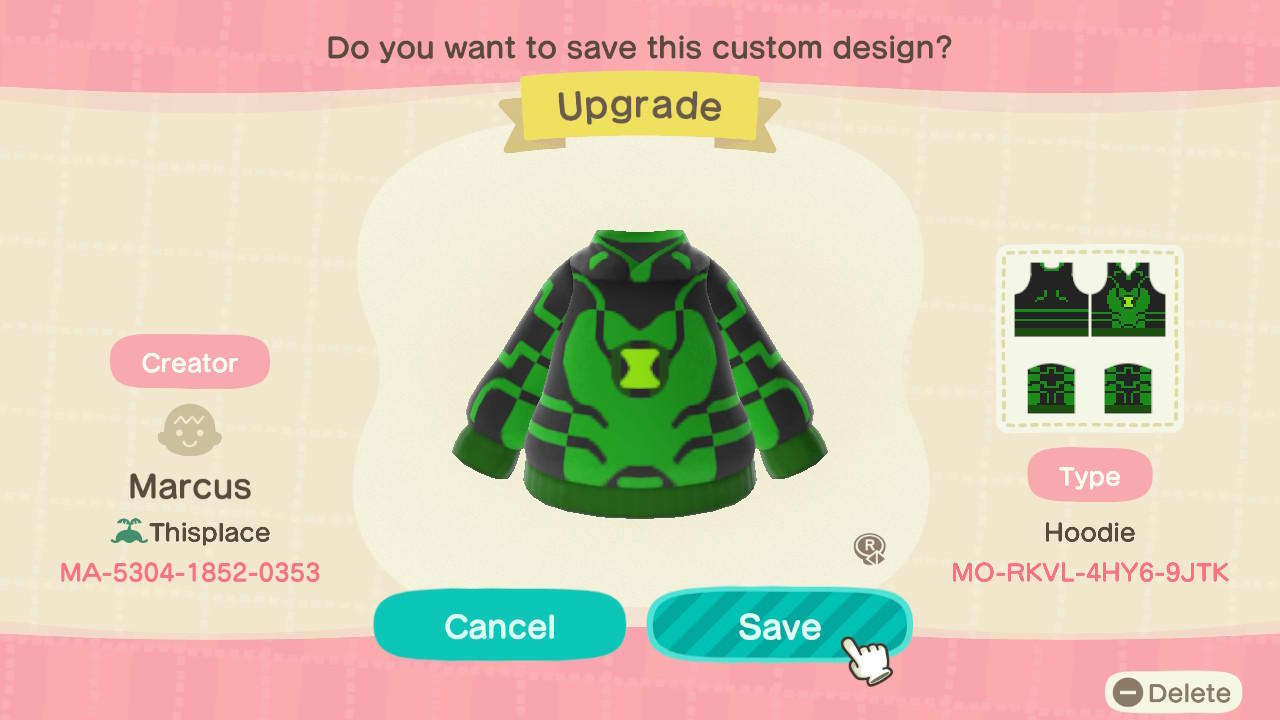 Animal Crossing Design Code: MO-RKVL-4HY6-9JTK Upgrade Hoodie