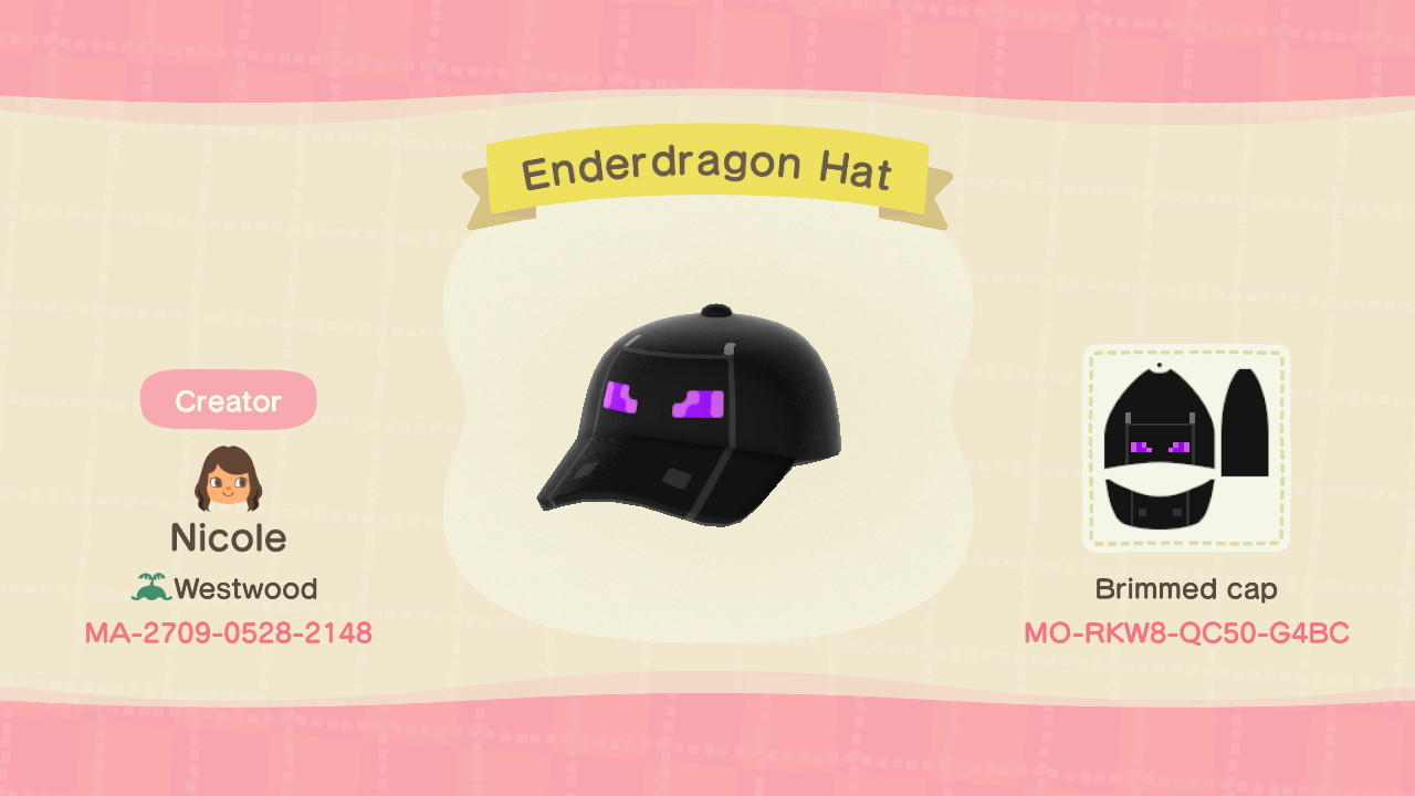 Animal Crossing Design Code: MO-RKW8-QC50-G4BC Enderdragon Hat